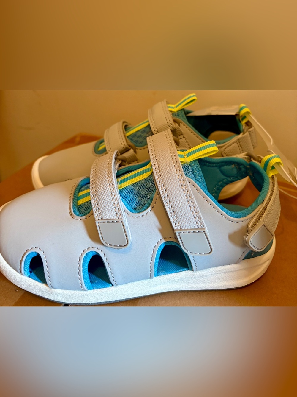 Cat & Jack White and Teal Hook-and-Loop Kids Sandals with Yellow Accents